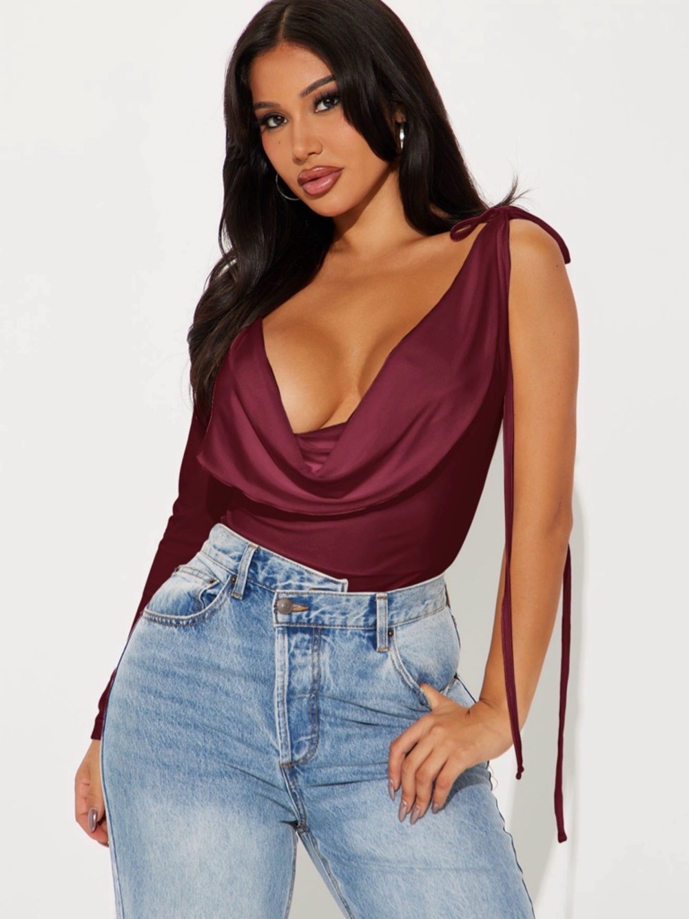 Plunge Cowl Neck Satin Top in Burgundy